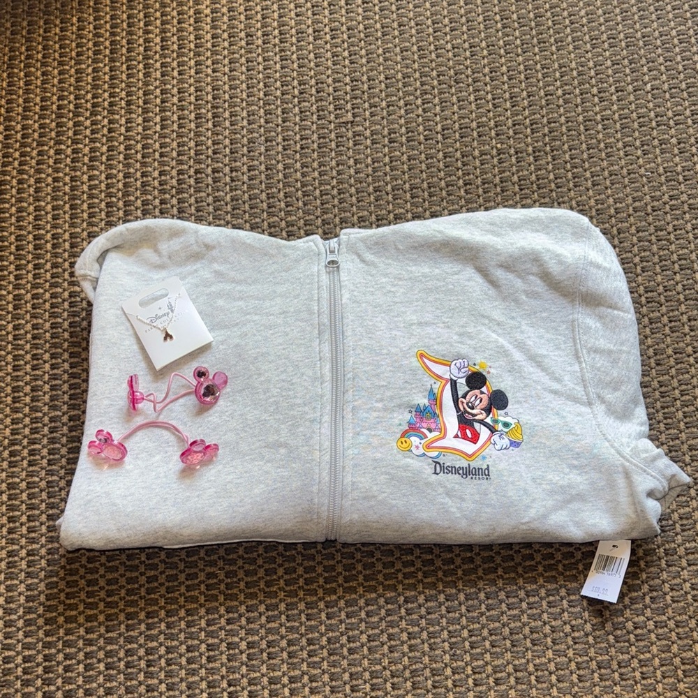 Disneyland Bundle w/Gray Zip-Up Hoodie with Mickey Mouse, necklace and hair ties